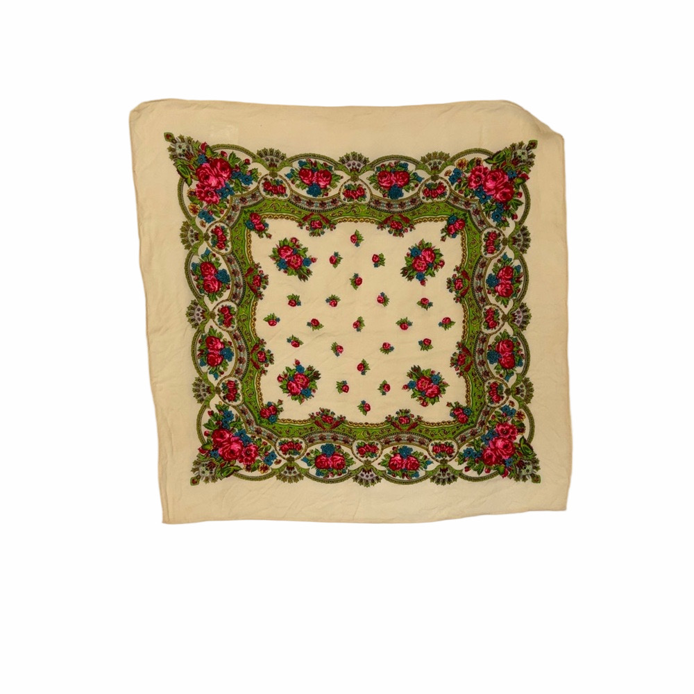 Cream Floral Square Scarf with Pink and Green Motif
